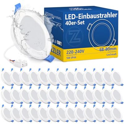 ZIZZLER Led-inbouwspots, badkamer, plafond, 40 stuks, extra plat, gat 68 mm, koud wit 6000 K, waterdicht IP44, 5 W, 220 V, diameter 90 mm, voor binnen, keuken, badkamer ZIZZLER Led-inbouwspots, badkamer, plafond, 40 stuks, extra plat, gat 68 mm, koud wit 6000 K, waterdicht IP44, 5 W, 220 V, diameter 90 mm, voor binnen, keuken, badkamer