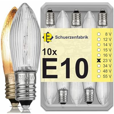 Schuerzenfabrik 10 x reservelampen E10 23 V 3 W voor lichtsnoeren, kerstslingers, lichtboog, kerstkandelaar Schuerzenfabrik 10 x reservelampen E10 23 V 3 W voor lichtsnoeren, kerstslingers, lichtboog, kerstkandelaar