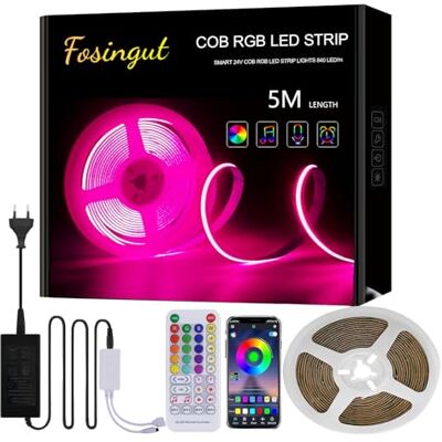 Fosingut RGB COB LED-strip, 5 m, 840 led/m, gesynchroniseerde muziek, 24 V, dimbaar, indirecte verlichting, tv-achtergrondverlichting, keuken, bed, slaapkamer Fosingut RGB COB LED-strip, 5 m, 840 led/m, gesynchroniseerde muziek, 24 V, dimbaar, indirecte verlichting, tv-achtergrondverlichting, keuken, bed, slaapkamer