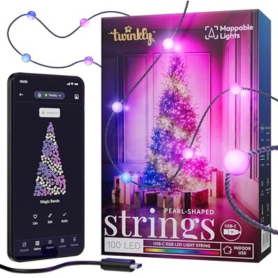 Twinkly Candies Kerstlichtketting met 100 RGB-leds, app-gestuurd en stroomvoorziening via USB-C, kerstdecoratie voor binnen, 6 m, parel, groene draad Twinkly Candies Kerstlichtketting met 100 RGB-leds, app-gestuurd en stroomvoorziening via USB-C, kerstdecoratie voor binnen, 6 m, parel, groene draad