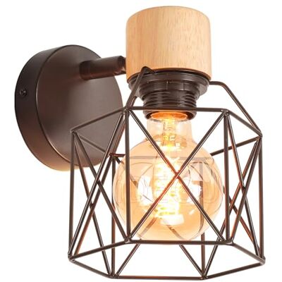iDEGU Wandlamp industrieel design kooi van metaal wandlamp hout decoratie verstelbare vintage binnenverlichting voor slaapkamer hal woonkamer 15 cm (zwart 1 stuks) iDEGU Wandlamp industrieel design kooi van metaal wandlamp hout decoratie verstelbare vintage binnenverlichting voor slaapkamer hal woonkamer 15 cm (zwart 1 stuks)