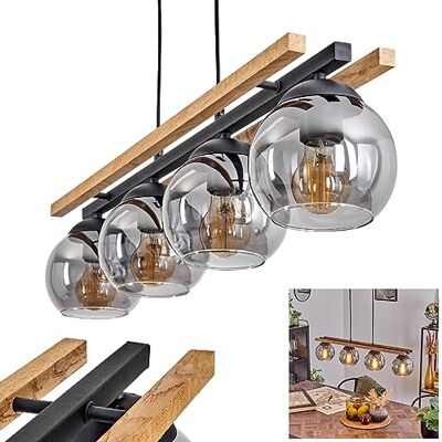 hofstein Hanglamp van metaal/hout/glas in zwart/naturel/rookkleur, hanglamp met glazen kap (Ø 15 cm), max. hoogte 120 cm, 4 x E27, zonder lampen hofstein Hanglamp van metaal/hout/glas in zwart/naturel/rookkleur, hanglamp met glazen kap (Ø 15 cm), max. hoogte 120 cm, 4 x E27, zonder lampen