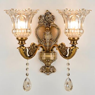 WayLuoung Vintage bloemenwandlamp met 2 koppen met kristallen glazen lampenkap, retro wandlamp in goudbrons, metalen wandlamp, bedlamp, woonkamer, restaurant, trappen, hotels WayLuoung Vintage bloemenwandlamp met 2 koppen met kristallen glazen lampenkap, retro wandlamp in goudbrons, metalen wandlamp, bedlamp, woonkamer, restaurant, trappen, hotels