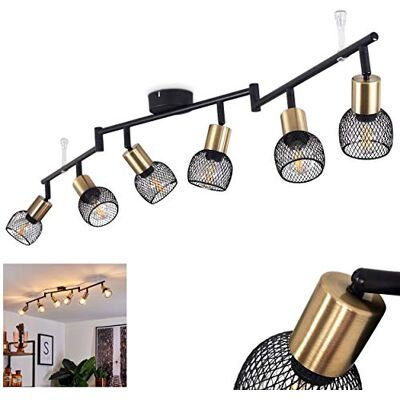 hofstein Cairns plafondlamp van metaal in zwart en goud, 6 draaibare vintage spots met rasterlampenkap creëren een lichteffect op het plafond, voor 6 E14-lampen, lampen niet inbegrepen hofstein Cairns plafondlamp van metaal in zwart en goud, 6 draaibare vintage spots met rasterlampenkap creëren een lichteffect op het plafond, voor 6 E14-lampen, lampen niet inbegrepen