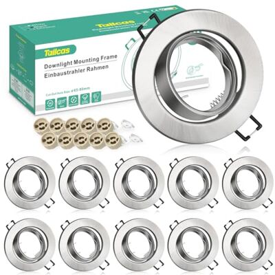 Tailcas Inbouwspot GU10 frameset, 10 stuks, draaibaar, plafondspot, montageframe van geborsteld metaal, rond, incl. GU10-fitting 230 V, montagegat Ø 70 mm, voor led- of halogeenlampen Tailcas Inbouwspot GU10 frameset, 10 stuks, draaibaar, plafondspot, montageframe van geborsteld metaal, rond, incl. GU10-fitting 230 V, montagegat Ø 70 mm, voor led- of halogeenlampen