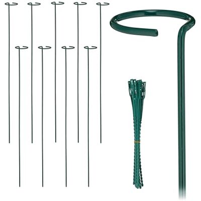 Relaxdays Set van 10 metalen plantenstokken met ring, 80 cm, met plantenclips, donkergroen Relaxdays Set van 10 metalen plantenstokken met ring, 80 cm, met plantenclips, donkergroen
