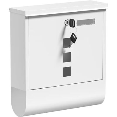 WilTec Wand- of staande brievenbus & krantenhouder, afsluitbaar, wit, verzinkt staal, 305 x 95 x 335 mm, ramen en naamplaatje WilTec Wand- of staande brievenbus & krantenhouder, afsluitbaar, wit, verzinkt staal, 305 x 95 x 335 mm, ramen en naamplaatje