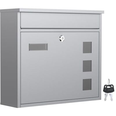 WilTec Wandbrievenbus V12, afsluitbaar, zilver, verzinkt staal, 360 x 115 x 320 mm, met klep, ramen en naamplaatje WilTec Wandbrievenbus V12, afsluitbaar, zilver, verzinkt staal, 360 x 115 x 320 mm, met klep, ramen en naamplaatje