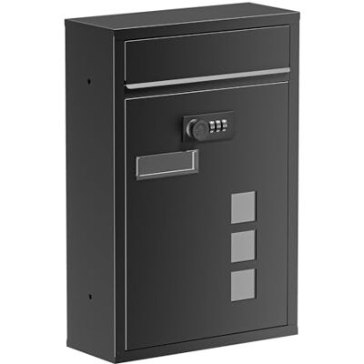WilTec Zwarte brievenbus voor posten, wandmontage, 215 x 90 x 320 mm, gepoedercoat, met cijferslot, sleuf, naamplaatje en ramen WilTec Zwarte brievenbus voor posten, wandmontage, 215 x 90 x 320 mm, gepoedercoat, met cijferslot, sleuf, naamplaatje en ramen