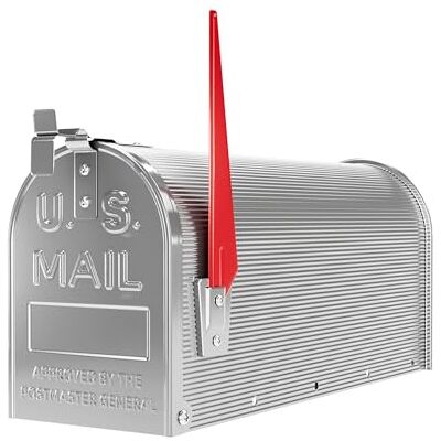 WilTec Design brievenbus in Amerikaanse stijl, 150 x 513 x 223 mm, zilvergrijs, verzinkt staal, brievenbus US Mailbox met rode wimpel WilTec Design brievenbus in Amerikaanse stijl, 150 x 513 x 223 mm, zilvergrijs, verzinkt staal, brievenbus US Mailbox met rode wimpel