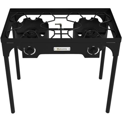 Outsunny 2 branders propaangaskooktoestel draagbaar gasfornuis 150.000 BTU/h met 2 afneembare poten voor buiten, camping, gegoten metaal, afmetingen: 79 l x 40 b x 73 h cm Outsunny 2 branders propaangaskooktoestel draagbaar gasfornuis 150.000 BTU/h met 2 afneembare poten voor buiten, camping, gegoten metaal, afmetingen: 79 l x 40 b x 73 h cm