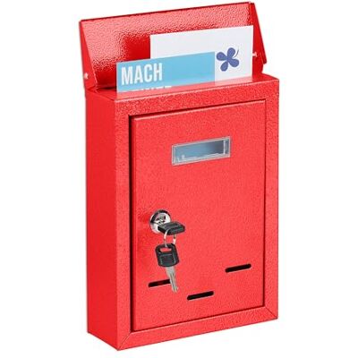 Relaxdays Brievenbus met naamplaatje van metaal met 2 sleutels, brievenbus smal, 26,5 x 19 x 6,5 cm (h x b x d), rood Relaxdays Brievenbus met naamplaatje van metaal met 2 sleutels, brievenbus smal, 26,5 x 19 x 6,5 cm (h x b x d), rood