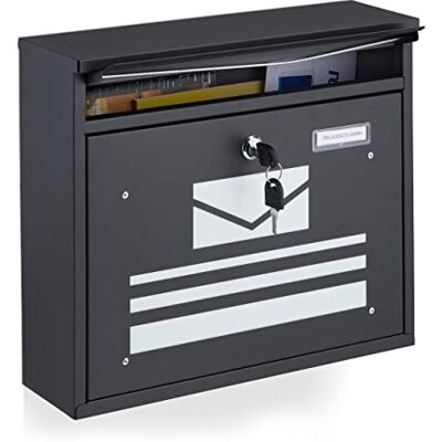 Relaxdays Afsluitbare brievenbus, lettermotief, 31 x 36 x 11 cm, gepoedercoat staal, zwart Relaxdays Afsluitbare brievenbus, lettermotief, 31 x 36 x 11 cm, gepoedercoat staal, zwart