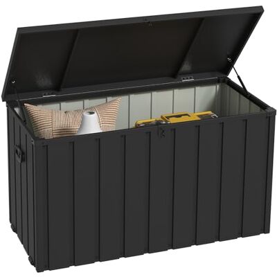 Outsunny Opbergkist, tuinkist, inhoud 450 liter, met handvat, wielen en gasveer, metaal, 125,5 x 61,5 x 70 cm, donkergrijs Outsunny Opbergkist, tuinkist, inhoud 450 liter, met handvat, wielen en gasveer, metaal, 125,5 x 61,5 x 70 cm, donkergrijs