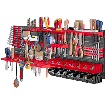 KADAX Werkplaatsrek, 116 x 39 cm, gereedschapswandrek, van robuust kunststof, UV-bestendig opbergsysteem, uitbreidbare wandplaten, werkplaats of tuin (rood en zwart, 39 stuks) K7708 KADAX Werkplaatsrek, 116 x 39 cm, gereedschapswandrek, van robuust kunststof, UV-bestendig opbergsysteem, uitbreidbare wandplaten, werkplaats of tuin (rood en zwart, 39 stuks) K7708