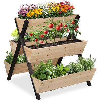 Relaxdays Verticale plantenbak van hout, 82 x 75 x 90 cm (h x b x d), verhoogd bed met 5 dozen, stapelbed voor balkon, terras, natuur/zwart Relaxdays Verticale plantenbak van hout, 82 x 75 x 90 cm (h x b x d), verhoogd bed met 5 dozen, stapelbed voor balkon, terras, natuur/zwart