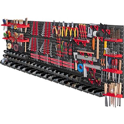 KADAX Groot gereedschapswandrek, 232 x 78 cm, robuust kunststof opbergsysteem, modulair systeem, uv-bestendig, uittrekbare wandplaten, werkplaatsrek voor garage, rood en KADAX Groot gereedschapswandrek, 232 x 78 cm, robuust kunststof opbergsysteem, modulair systeem, uv-bestendig, uittrekbare wandplaten, werkplaatsrek voor garage, rood en