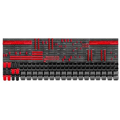 KADAX Groot gereedschapswandrek, 232 x 78 cm, robuust kunststof opbergsysteem, modulair systeem, uv-bestendig, uittrekbare wandplaten, werkplaatsrek voor garage, rood en KADAX Groot gereedschapswandrek, 232 x 78 cm, robuust kunststof opbergsysteem, modulair systeem, uv-bestendig, uittrekbare wandplaten, werkplaatsrek voor garage, rood en