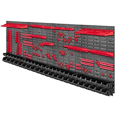 KADAX Groot gereedschapswandrek, 232 x 78 cm, robuust kunststof opbergsysteem, modulair systeem, uv-bestendig, uittrekbare wandplaten, werkplaatsrek voor garage, rood en KADAX Groot gereedschapswandrek, 232 x 78 cm, robuust kunststof opbergsysteem, modulair systeem, uv-bestendig, uittrekbare wandplaten, werkplaatsrek voor garage, rood en