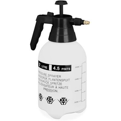 Relaxdays Druksproeier, 2 liter, messing mondstuk, verstelbaar, water en onkruidverdelger, tuinsproeier, wit/zwart Relaxdays Druksproeier, 2 liter, messing mondstuk, verstelbaar, water en onkruidverdelger, tuinsproeier, wit/zwart