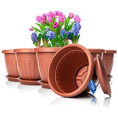 BigDean Set van 6 ronde bloempotten met onderzetter Ø 33 x H 25 cm terracotta weerbestendige bloempot uv-bestendige waterafvoer van onbreekbaar kunststof geschikt voor binnen en buiten gemaakt BigDean Set van 6 ronde bloempotten met onderzetter Ø 33 x H 25 cm terracotta weerbestendige bloempot uv-bestendige waterafvoer van onbreekbaar kunststof geschikt voor binnen en buiten gemaakt