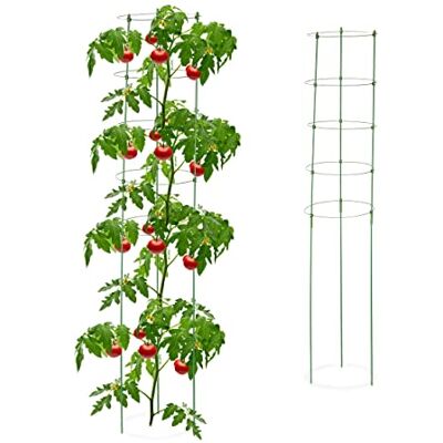Relaxdays Set van 2 tomatenstokken voor tuin en balkon, 150 cm, 5 ringen, van ijzer en kunststof, groen Relaxdays Set van 2 tomatenstokken voor tuin en balkon, 150 cm, 5 ringen, van ijzer en kunststof, groen