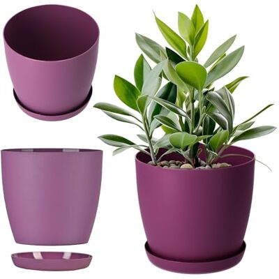 KADAX Bloempot, bloempot met onderzetter, ronde bloempot van mat kunststof, voor cactussen, varens, glanzende pot voor balkon, woning en terras (Ø 14 cm, pruim) KADAX Bloempot, bloempot met onderzetter, ronde bloempot van mat kunststof, voor cactussen, varens, glanzende pot voor balkon, woning en terras (Ø 14 cm, pruim)