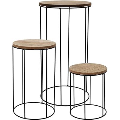 Spetebo Set van 3 ronde houten krukken, diameter 16/18/21 cm, plantenstandaard met metalen frame, bloemenzuil, decoratieve trap, bijzettafel Spetebo Set van 3 ronde houten krukken, diameter 16/18/21 cm, plantenstandaard met metalen frame, bloemenzuil, decoratieve trap, bijzettafel