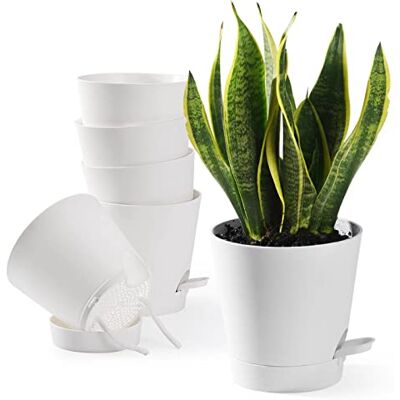 Qaobo Set van 6 bloempotten, 12,7 cm, zelfbewaterende plantenpotten voor binnen en buiten, met reservoir en irrigatierand, wit Qaobo Set van 6 bloempotten, 12,7 cm, zelfbewaterende plantenpotten voor binnen en buiten, met reservoir en irrigatierand, wit