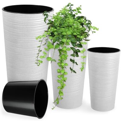 KADAX Set van 3 elegante potten met houtsnippers, uitneembaar inzetstuk, bureaubescherming, bloembak (19, 25, 30 cm, wit) KADAX Set van 3 elegante potten met houtsnippers, uitneembaar inzetstuk, bureaubescherming, bloembak (19, 25, 30 cm, wit)
