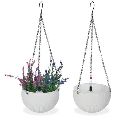 Relaxdays Set van 2 hangende bloempotten met watertank, waterdisplay, gevlochten look, H x D 54 x 18,5 cm, hangende bloempot, wit Relaxdays Set van 2 hangende bloempotten met watertank, waterdisplay, gevlochten look, H x D 54 x 18,5 cm, hangende bloempot, wit