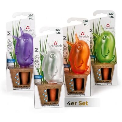 scheurich Bördy M Set van 4 waterdispensers, paars/groen/transparant/oranje, inhoud 220 ml, kleine irrigatiebal met kleivoet, waterdispenser voor planten en bloemen, steel scheurich Bördy M Set van 4 waterdispensers, paars/groen/transparant/oranje, inhoud 220 ml, kleine irrigatiebal met kleivoet, waterdispenser voor planten en bloemen, steel
