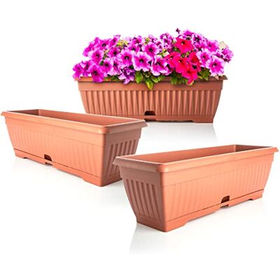 BigDean Set van 3 bloembakken met afneembare onderzetter, terracotta, 50 cm lang, van onbreekbaar kunststof met waterreservoir, geschikt voor binnen en buiten, gemaakt in Europa BigDean Set van 3 bloembakken met afneembare onderzetter, terracotta, 50 cm lang, van onbreekbaar kunststof met waterreservoir, geschikt voor binnen en buiten, gemaakt in Europa