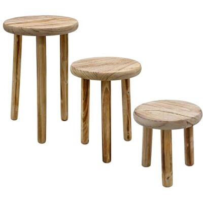 Spetebo Set van 3 ronde krukken van gevlamd hout met 3 poten 20/23/25 cm Spetebo Set van 3 ronde krukken van gevlamd hout met 3 poten 20/23/25 cm