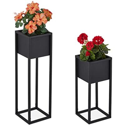 Relaxdays Set van 2 vierkante bloemenstandaard van metaal 2 maten Met standaard Voor woonkamer en hal Zwart Relaxdays Set van 2 vierkante bloemenstandaard van metaal 2 maten Met standaard Voor woonkamer en hal Zwart