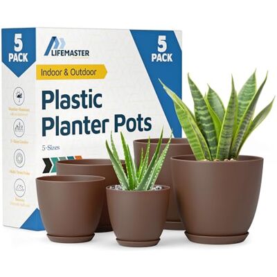 Lifemaster Set van 5 plantenpotten van kunststof met afvoergaten, licht, duurzaam en ruimtebesparend, voor binnen en buiten, veelzijdige functionaliteit, eenvoudig modern design, bruin Lifemaster Set van 5 plantenpotten van kunststof met afvoergaten, licht, duurzaam en ruimtebesparend, voor binnen en buiten, veelzijdige functionaliteit, eenvoudig modern design, bruin
