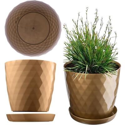 KADAX Bloempot met Schotel, Plantenpot voor Bloemen, Planten, Kruidenplanten, binnen, Plantenbak van Kunststof, decoratieve Pot, Planter (12 cm, goud) KADAX Bloempot met Schotel, Plantenpot voor Bloemen, Planten, Kruidenplanten, binnen, Plantenbak van Kunststof, decoratieve Pot, Planter (12 cm, goud)
