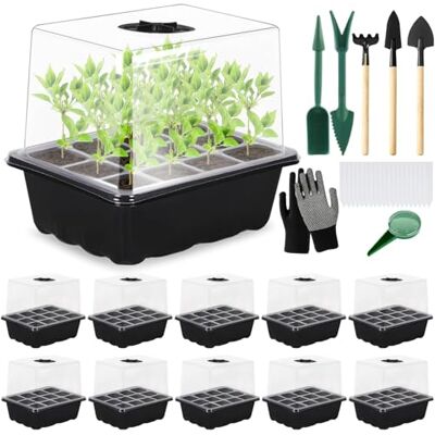 TOSUTO 10 stuks mini-broeikas voor binnen, 120 cellen, mini-broeikas met deksel en ventilatie, voor zaailingen en planten, zwart TOSUTO 10 stuks mini-broeikas voor binnen, 120 cellen, mini-broeikas met deksel en ventilatie, voor zaailingen en planten, zwart