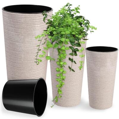 KADAX Set van 3 bloempotten met houtsnippers, met uitneembaar inzetstuk, bescherming voor kantoor, bloempot voor de tuin (19, 25, 30 cm, crème) KADAX Set van 3 bloempotten met houtsnippers, met uitneembaar inzetstuk, bescherming voor kantoor, bloempot voor de tuin (19, 25, 30 cm, crème)