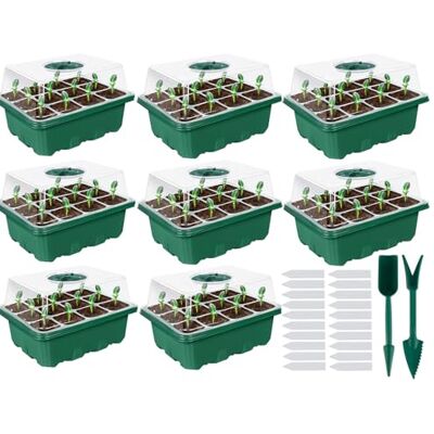 Lostwry Set van 8 mini-kassen voor binnen, startplaat, 96 cellen, mini-broeikas, starterdienbladen, mini-kweekbak voor zaailingen, groen Lostwry Set van 8 mini-kassen voor binnen, startplaat, 96 cellen, mini-broeikas, starterdienbladen, mini-kweekbak voor zaailingen, groen