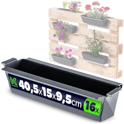 KADAX Set van 16 bloembakken voor europallets met ophangsysteem, 37 x 9 cm, antraciet, plantenbak om te planten en te decoreren als balkonbak, bloempot-inzetstuk en KADAX Set van 16 bloembakken voor europallets met ophangsysteem, 37 x 9 cm, antraciet, plantenbak om te planten en te decoreren als balkonbak, bloempot-inzetstuk en