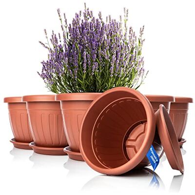 BigDean Set van 6 ronde bloempotten met onderzetter, Ø 40 x H 31 cm, terracotta, weerbestendig, uv-bestendige waterafvoer van onbreekbaar kunststof, geschikt voor binnen en buiten, gemaakt in Europa BigDean Set van 6 ronde bloempotten met onderzetter, Ø 40 x H 31 cm, terracotta, weerbestendig, uv-bestendige waterafvoer van onbreekbaar kunststof, geschikt voor binnen en buiten, gemaakt in Europa
