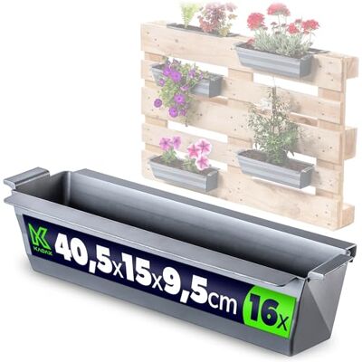 KADAX Palletplantenbakken met ophangsysteem, 16 stuks, 37 x 9 cm, zilver, om te planten en te decoreren, als balkonbak, bloembak voor europallets, plantenbakken voor europallets, pot-inzetstuk KADAX Palletplantenbakken met ophangsysteem, 16 stuks, 37 x 9 cm, zilver, om te planten en te decoreren, als balkonbak, bloembak voor europallets, plantenbakken voor europallets, pot-inzetstuk
