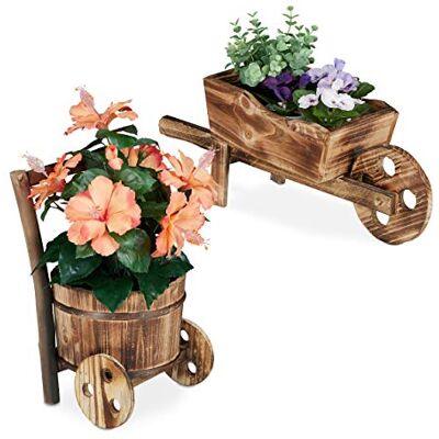Relaxdays Kruiwagen voor planten, 2 stuks, verbrand hout, tuindecoratie, vintage design, (h x b x d) Relaxdays Kruiwagen voor planten, 2 stuks, verbrand hout, tuindecoratie, vintage design, (h x b x d)