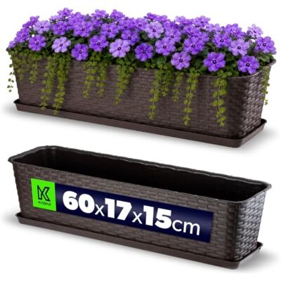 KADAX Balkonpot met onderzetter, plantenbak, balkonbak met wateropeningen, bloembak voor rozen, oleander, rotan imitatie (60 cm, bruin) KADAX Balkonpot met onderzetter, plantenbak, balkonbak met wateropeningen, bloembak voor rozen, oleander, rotan imitatie (60 cm, bruin)