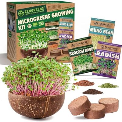 zengreens Kiemset voor biologische microgreens, kiemvork van kokos, zuigtabletten en zaden (broccoli, radijs en mungbonen) zengreens Kiemset voor biologische microgreens, kiemvork van kokos, zuigtabletten en zaden (broccoli, radijs en mungbonen)