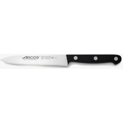 Arcos Roestvrijstalen schilmes, gekarteld tomatenmes voor snijden en hakken. Ergonomische handgreep van polyoxymethyleen en lemmet van 130 mm. Universele serie. Kleur zwart. Arcos Roestvrijstalen schilmes, gekarteld tomatenmes voor snijden en hakken. Ergonomische handgreep van polyoxymethyleen en lemmet van 130 mm. Universele serie. Kleur zwart.