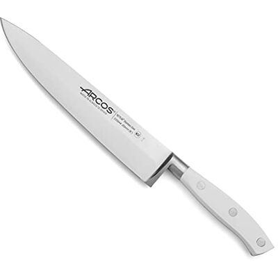 Arcos Professioneel koksmes van gesmeed staal. Mes voor het snijden en schillen van voedsel. Ergonomische handgreep van polyoxymethyleen en lemmet van 200 mm. Riviera-serie. Kleur wit. Arcos Professioneel koksmes van gesmeed staal. Mes voor het snijden en schillen van voedsel. Ergonomische handgreep van polyoxymethyleen en lemmet van 200 mm. Riviera-serie. Kleur wit.