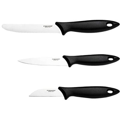 Fiskars Set van 3 groentemessen, schilmes Groentemes, tomatenmes, Essential, roestvrij staal/PP-kunststof, zwart, 1065584 Fiskars Set van 3 groentemessen, schilmes Groentemes, tomatenmes, Essential, roestvrij staal/PP-kunststof, zwart, 1065584
