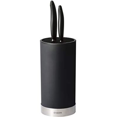 Kyocera keramische messenset met universeel mes 11 cm, Santoku mes 14 cm en rond messenblok voor 8 messen, met de hand geslepen keramische zirkonia-mes, KB-RD BK 2KN EU Kyocera keramische messenset met universeel mes 11 cm, Santoku mes 14 cm en rond messenblok voor 8 messen, met de hand geslepen keramische zirkonia-mes, KB-RD BK 2KN EU